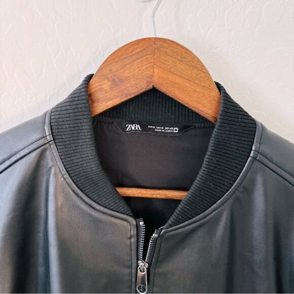 Zara Men’s Black Faux Leather Bomber Jacket Black Medium - Picture 2 of 5